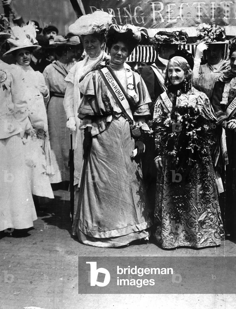 Mrs Pankhurst and Mrs Wolstanhokme Elmy the oldest suffragette at the meeting 1908