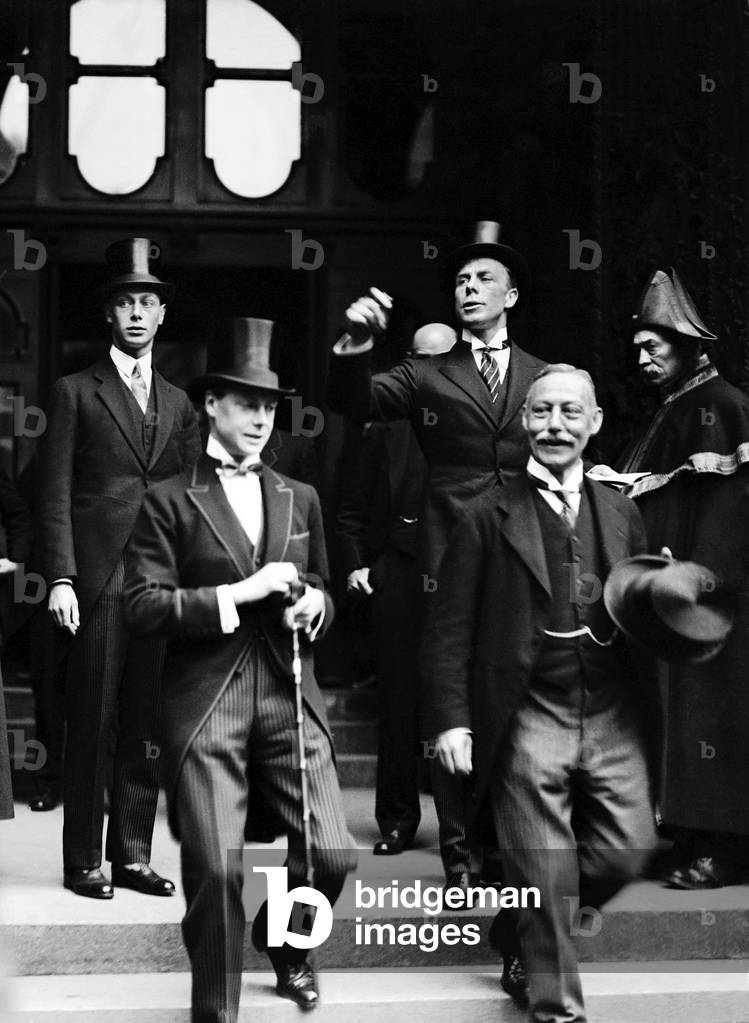 Prince of Wales (later King Edward VIII) with his younger Prince Albert (King George VI) at the Stock Exchange in London, c. 1925 (b/w photo)