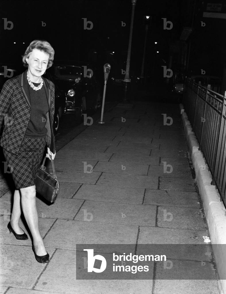 Union officials meet Barbara Castle at the Department of Employment and Productivity in St James's Square in a bid to stop the dockers 'Container dispute'. 
Barbara Castle arriving. 
November 1969
