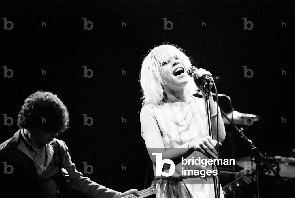 Debbie Harry in concert with Blondie, at the Odeon, Birmingham, part of their European Tour 1979-'80. 7th January 1980 (b/w photo)
