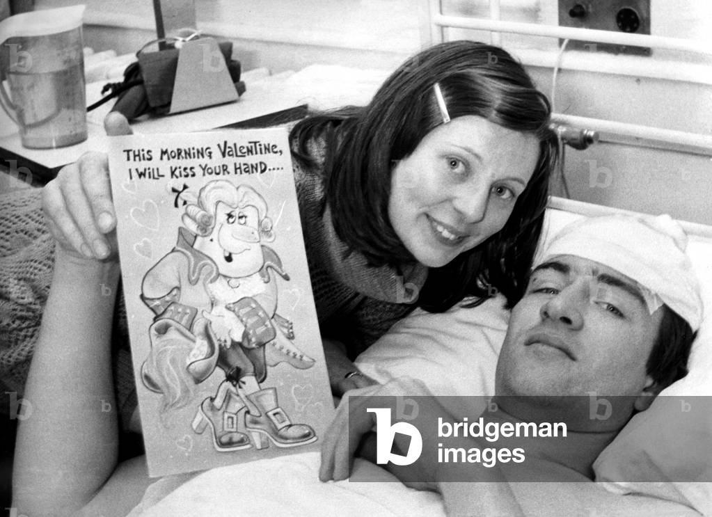 Peter Hart and his wife Gillian at the Royal Victoria Infirmary, Newcastle. Three passengers survived the Piper Cherokee aircraft crash on the 2,348 ft. Hedgehope Hill and were airlifted to hospital in a RAF Sea King helicopter. They were flying from Edinburgh to Sunderland 14/02/1979 (b/w photo)
