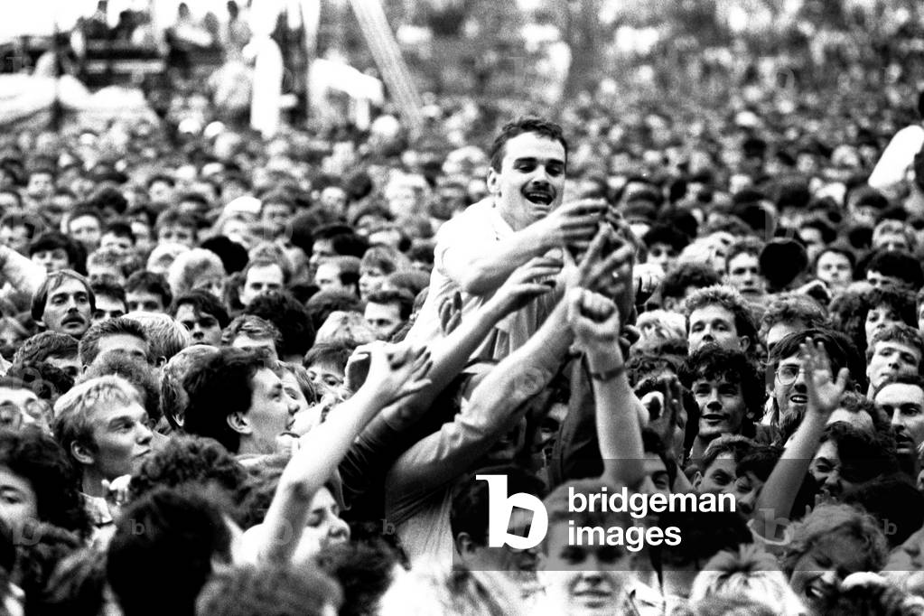 David Bowie performing at Roker Park, Sunderland on 23rd June 1987 (b/w photo)