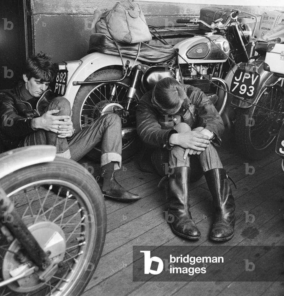TT race fans on the ferry over to the Isle of Man. 29th June 1965 (b/w photo)