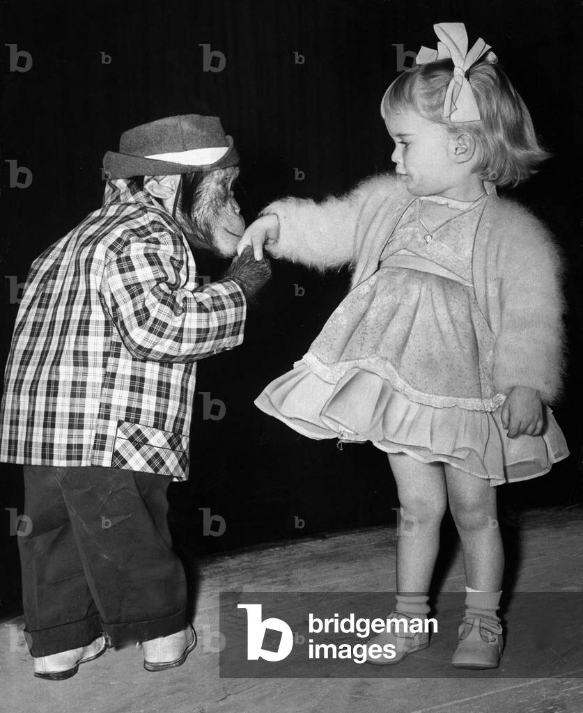 Chimps act staged by Gene Detroy at Londons Prince of Wales Theatre. The young actress is Jacquelyn Detroy. 1957