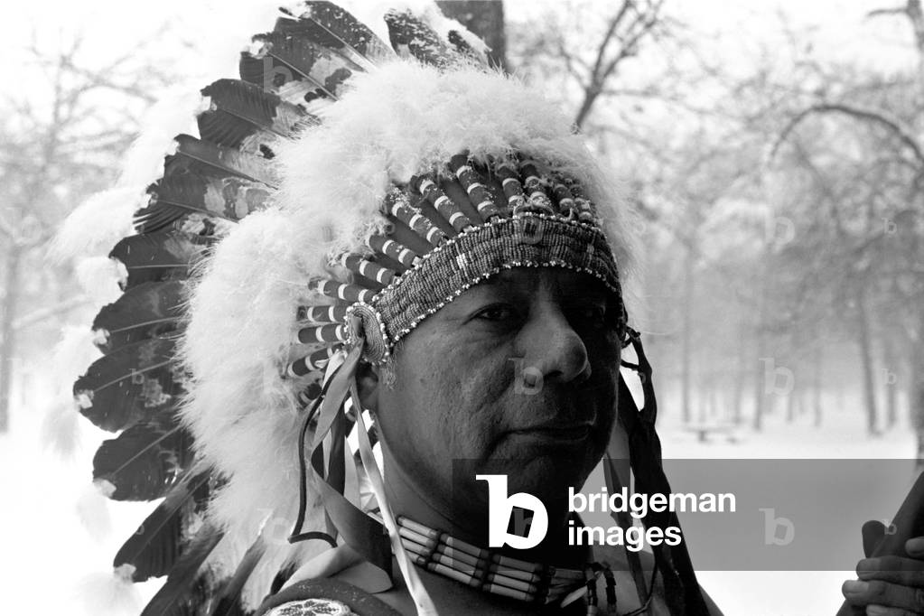 Native American Echohawk, seen here in a snowy Hyde Park. The warrior who found peace with a sketch book is in London for an exhibtion of his work. January 1970