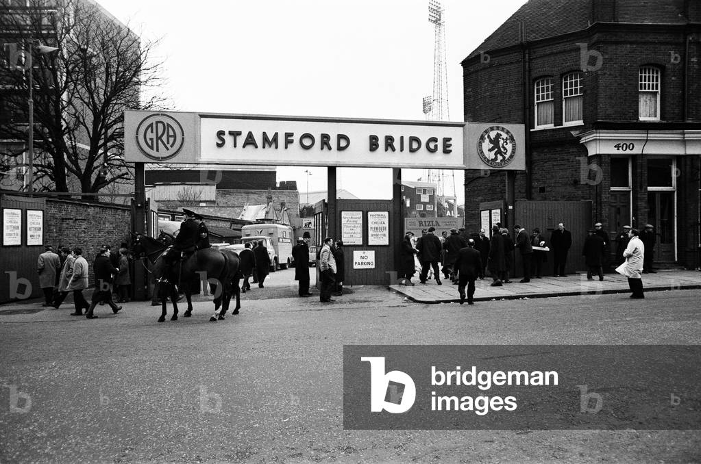 Scenes outside Stamford Bridge stadium on the day of a match between Chelsea v Tottenham Hotspur, FA Cup 5th round, London. 20th February 1965 (photo)