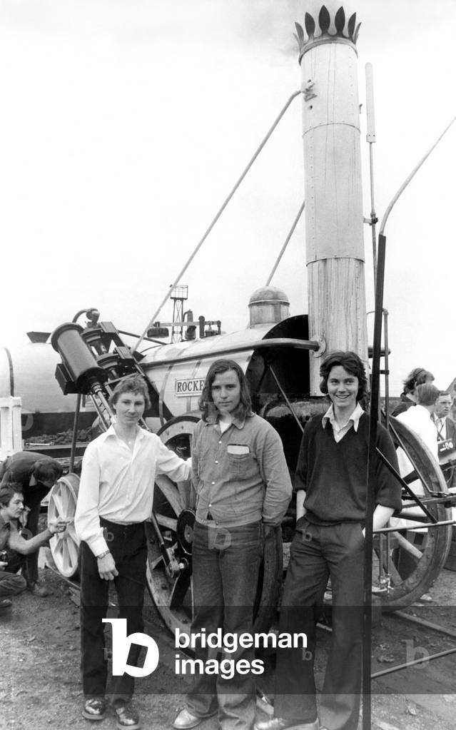 Three of the lads who helped to build the replica of George Stephenson's Rocket. Left to right, Peter Ratcliffe of Wardley, Colin Seatory and David Heighton, both of Washington picture with the Rocket at Bowes Railway Museum, Springwell, Gateshead on 5th August 1979 (b/w photo)