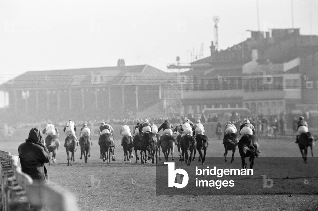 Racing at Lincoln Racecourse, Lincolnshire, Monday 16th March 1964 (b/w photo)