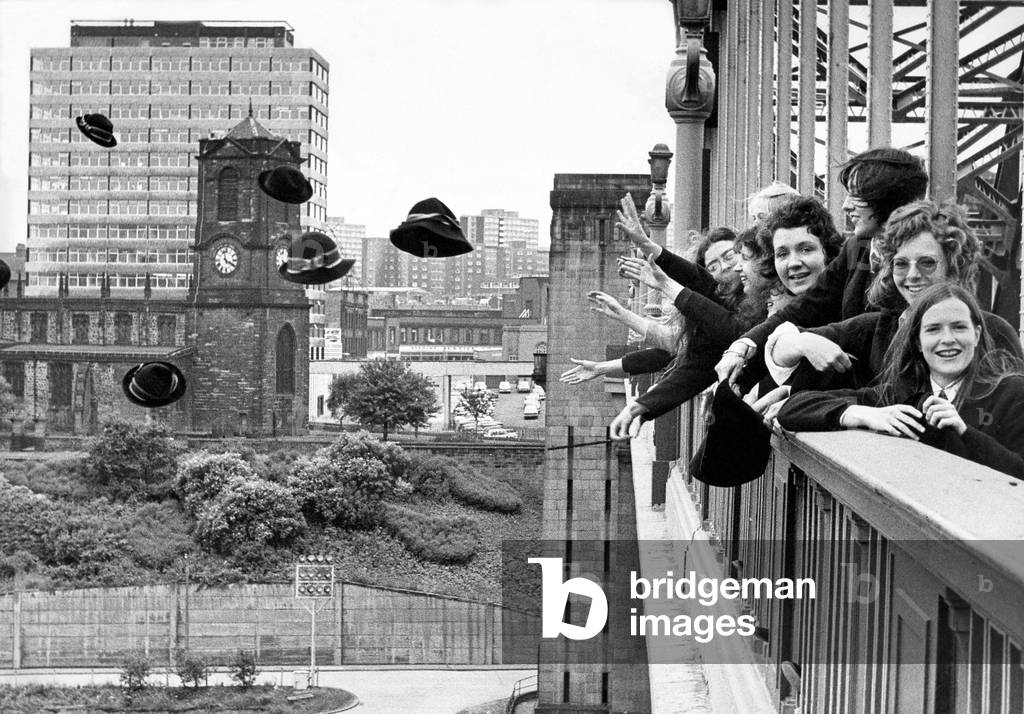 For generations girls in their last term at Newcastle's Church High School flung their uniform bonnets into the Tyne from the Tyne bridge. This is the last time as the bonnet is being phased out, 1970