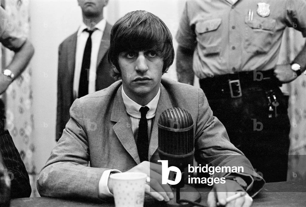 The Beatles tour of The United States of American August 1964 where they will be performing in Forest Hills New York City. (Pictured) Ringo Starr at press conference, 1964 (b/w photo)