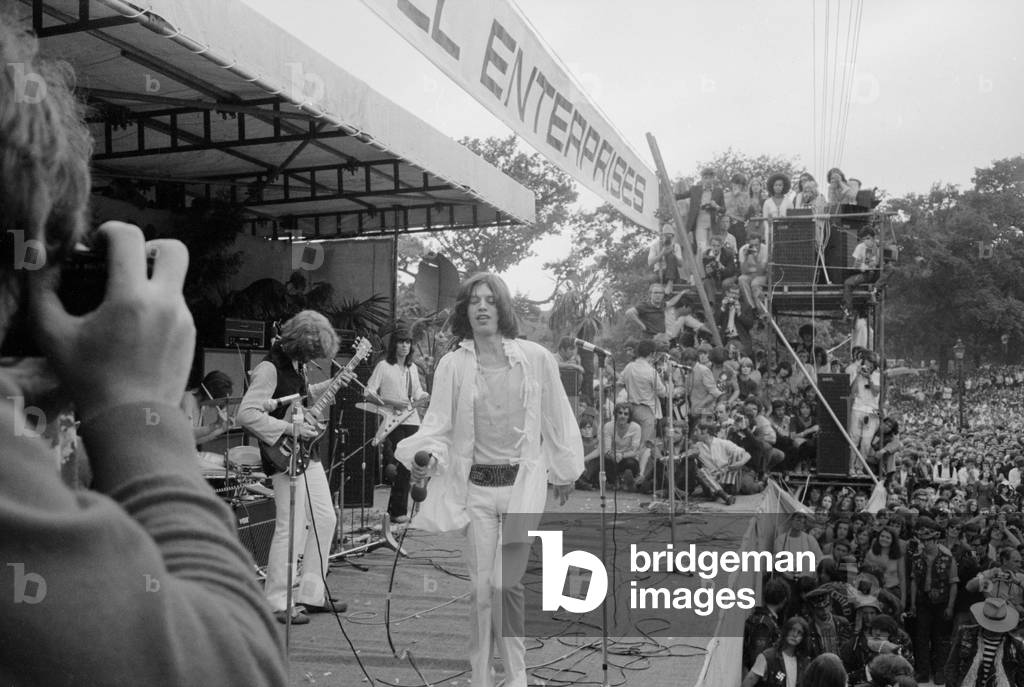 The Rolling Stones on stage at their free concert in London's Hyde Park on 5 July 1969 (b/w photo)