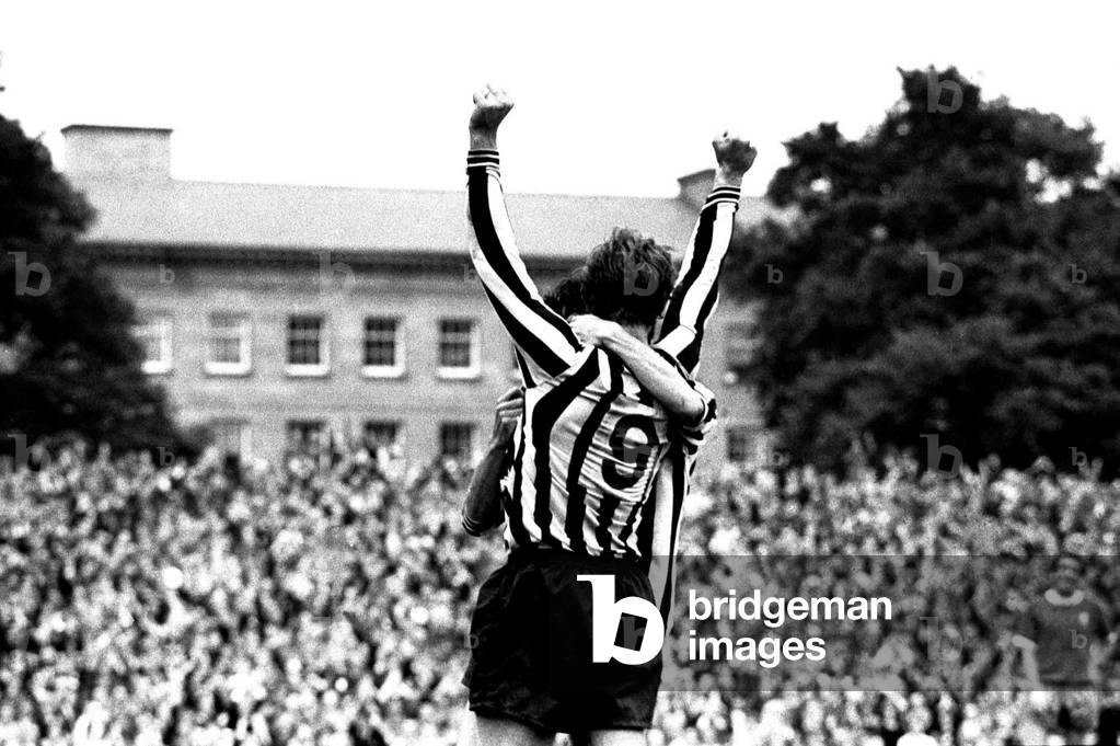 Newcastle United v Liverpool at St James's Park, Malcolm MacDonald celebrates after scoring a goal, 21/08/1971 (b/w photo)