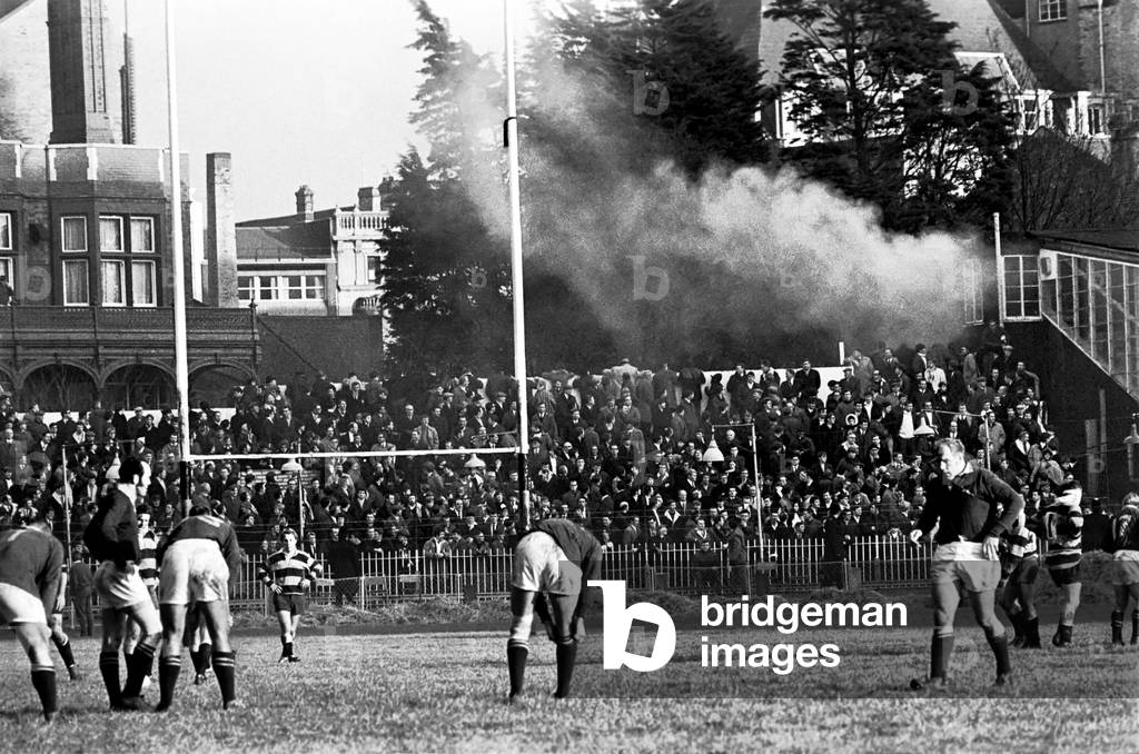 South Africa Rugby Union tour 
Cardiff v Springboks
Smoke rising from burning bales of hay on the terrace at Cardiff. 
December 1969