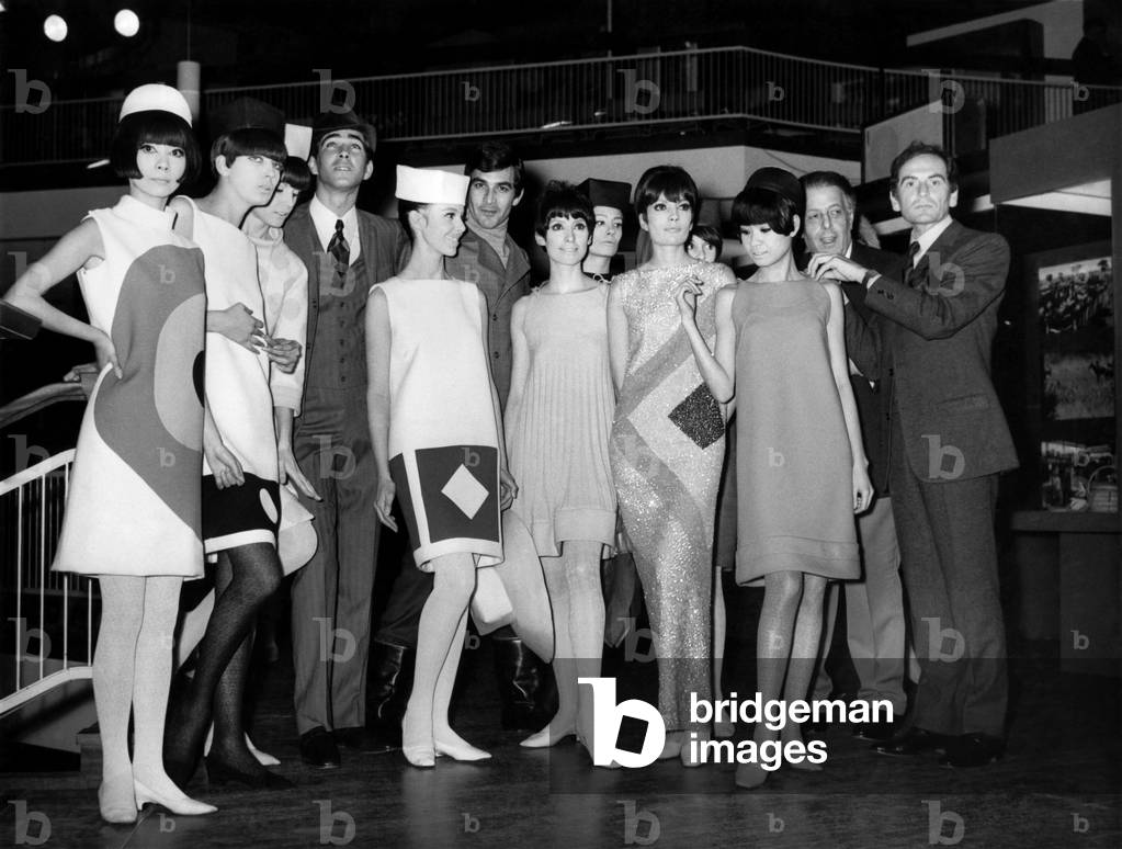 Fashion 1960's. Princess Margaret and Lord Snowdon attended a charity gala at the Commonwealth Institute, London on Wednesday night (23-2-66) given by French couturier Pierre Cardin. 1,200 guests were at the show which raised more than £5,000. The flats for Commonwealth students flats. Pierre Cardin (far right) pictured with his male and female models during a rehearsal on Wednesday (23-2-66) at the Dorchester Hotel. February 1966