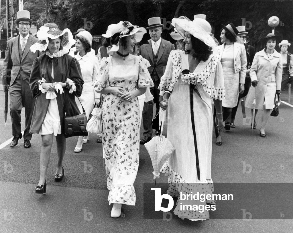 Ladies day at Royal Ascot. Left to right Margaret Ruprecht, Gillian Bostridge and Jeanette Bostridge., c. 1970 (b/w photo)