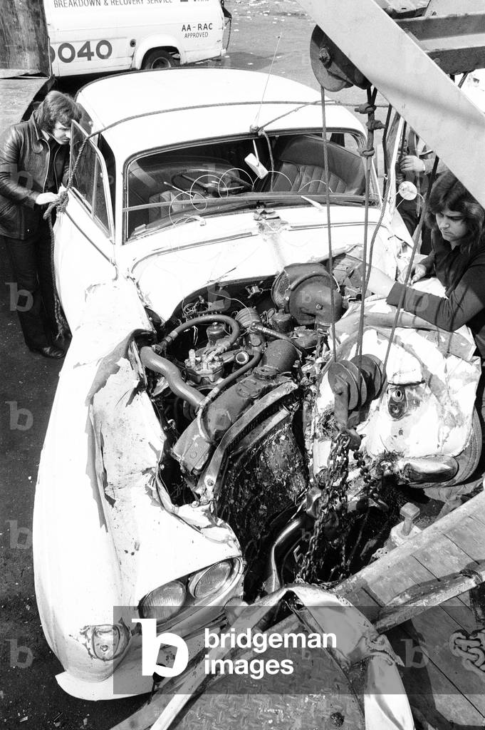 Don Powell, drummer with Slade, was badly injured in a serious car crash in Wolverhampton, in which his girlfriend Angela Morris was killed, 4th July 1973 (b/w photo)