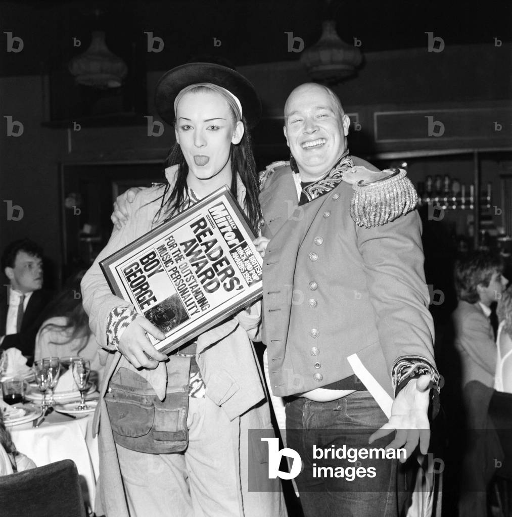 British Rock and Pop award at London's Lyceum ballroom. Singer of the group Culture Club Boy George, 1983