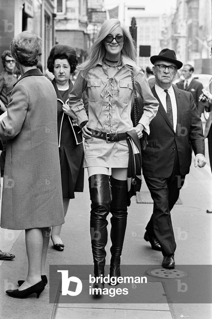 Betty Catroux, model and muse of Yves Saint Laurent pictured outside his first London Rive Gauche store on New Bond Street, London, opening day, 10th September 1969 (b/w photo)