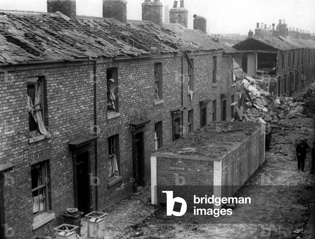 The surface street air raid shelters stand intact following a German raid on the North East, c. 1940 (b/w photo)