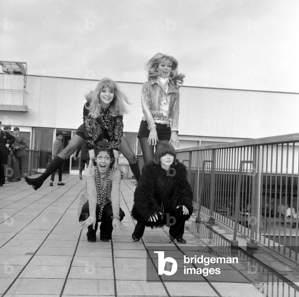 The Untouchables Having a quick game of leap-frog before they have to leave, (top L to R) Judy Huxtable and Marilyn Rickard, (Bottom L to R)Esther Anderson and Kathy Simmonds October 1968 (b/w photo)