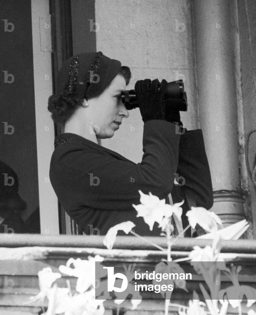 Her Majesty Queen Elizabeth II watching her horse in action through a pair of binoculars in the Royal Box during St Leger Day at Doncaster, September 1953 (b/w photo)