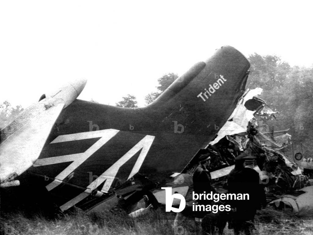 A BEA Hawker Siddeley Trident airliner, operating as a British European Airways (BEA) scheduled commercial passenger flight from London Heathrow Airport to Brussels, crashed near the town of Staines on Sunday, 18 June 1972, less than three minutes after take-off. All 118 persons on board were killed. The accident became known as the Staines disaster, and was the worst air disaster in Britain until the Pan Am bombing over Lockerbie, Scotland in 1988, 18/06/1972 (b/w photo)