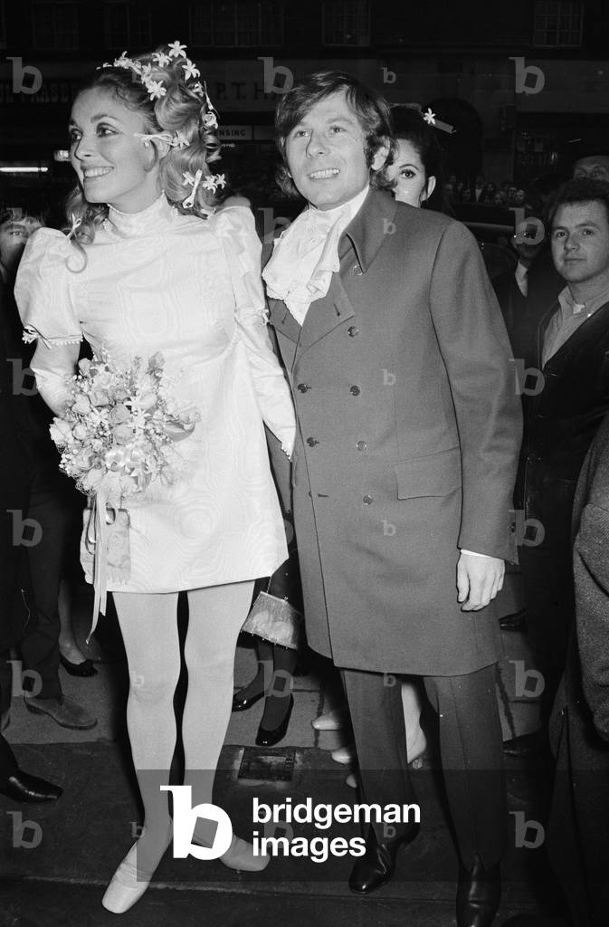 Wedding of Polish film director Roman Polanski and his bride, American actress Sharon Tate, at Chelsea Register Office, London, 20th January 1968 (b/w photo)