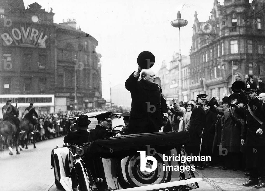 Winston Churchill WW2 Prime Minister visiting Liverpool in June 1945  
Having led Britain to wartime victory in May 1945, Churchill lost by a landslide in the peacetime election in July the same year.
 (b/w photo)