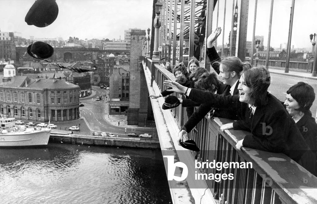 For generations girls in their last term at Newcastle's Church High School flung their uniform bonnets into the Tyne from the Tyne bridge. This is the last time as the bonnet is being phased out, 1970