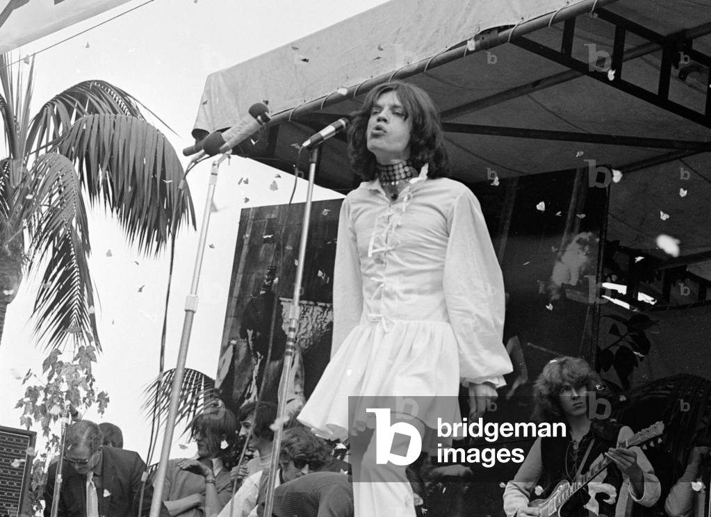 The Rolling Stones on stage at their free concert in London's Hyde Park on 5 July 1969 (b/w photo)