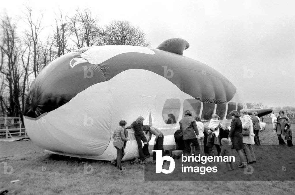 100 Foot Balloon: Visitors queuing up to go inside the Whale Balloon., February 1975