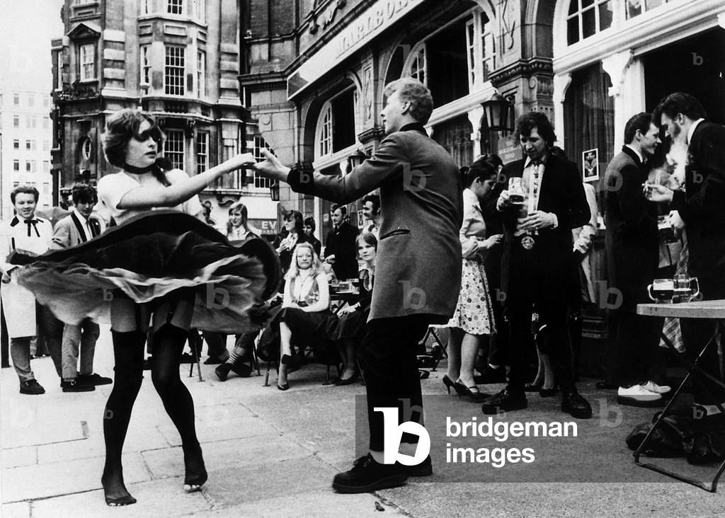 Teddy Boys and girls in demo outside BBC tv studios, May 1976