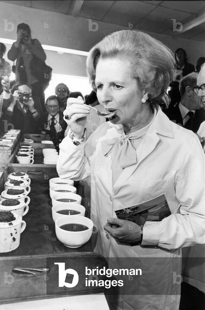 Margaret Thatcher visiting Rington's tea factory in Byker, Newcastle, sampling the tea, c.1970