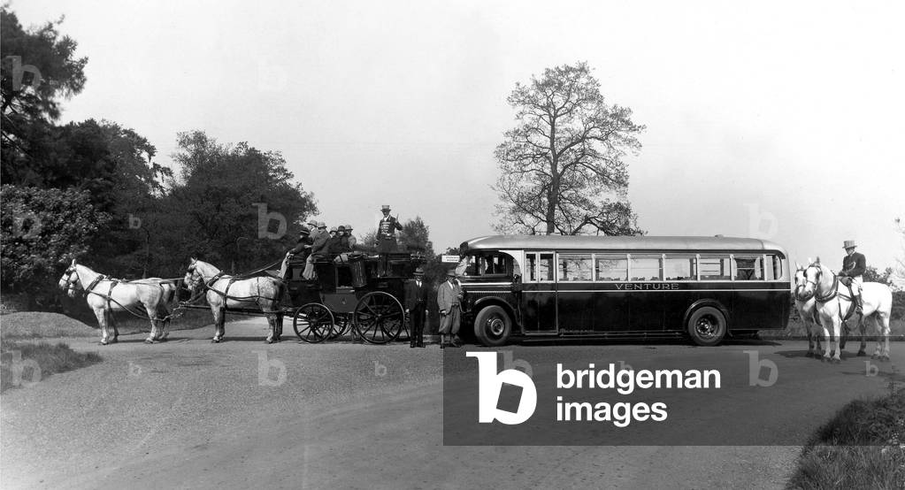 The Venture stagecoach standing next to its modern day equivalent a Venture coach or bus, c.1950