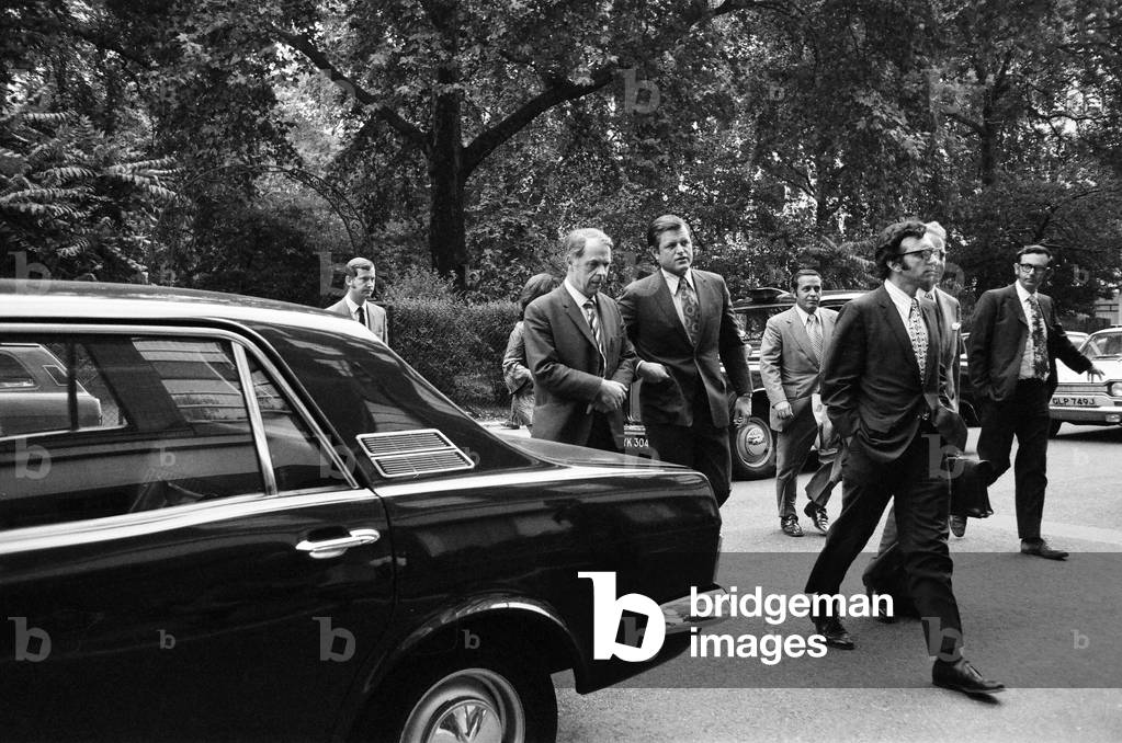Senator Edward Kennedy who is on a 5 day visit to Britain as the head of a Senate Health sub-committee to study Britain's health service, NHS, September 1971 (b/w photo)