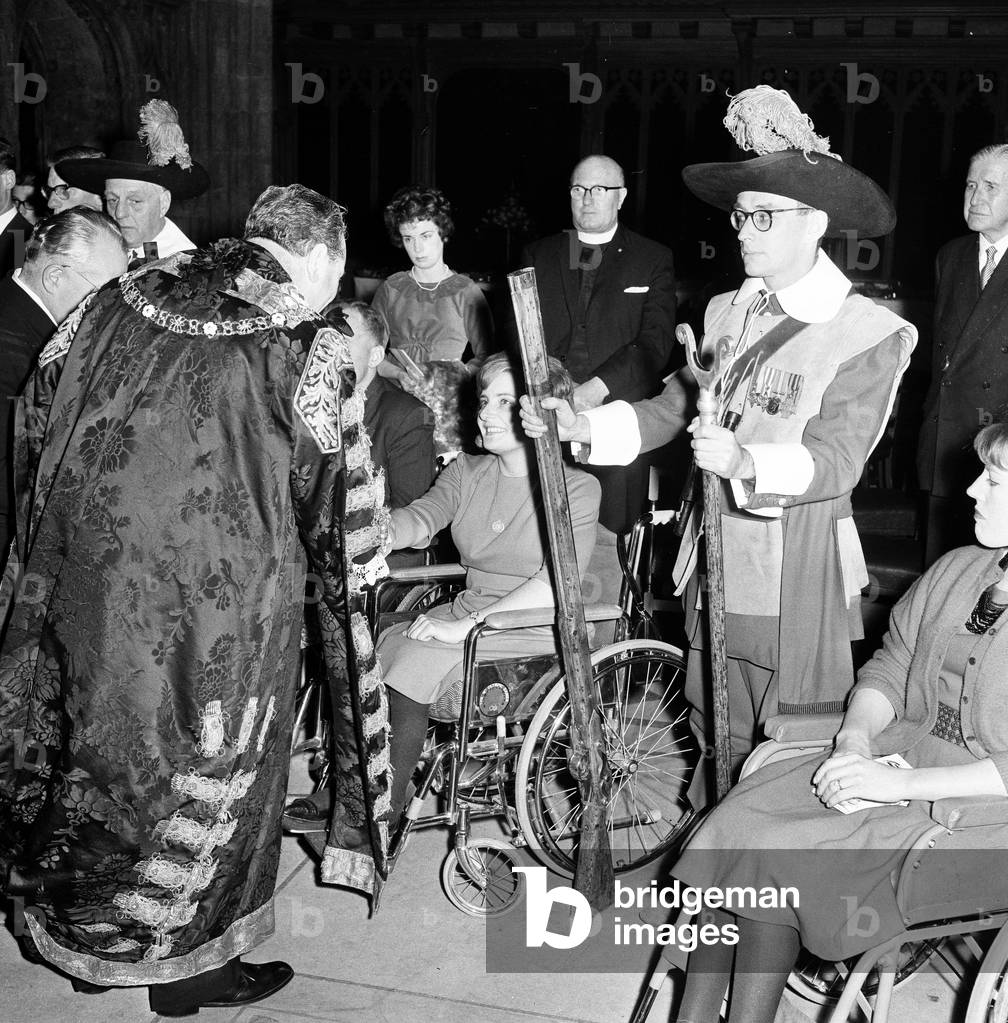 British Para Olympians, guest of honour of the Lord Mayor of London, at Mansion House, City of London, after their return from the Tokyo Paralympic Games; 5th December 1964 (b/w photo)