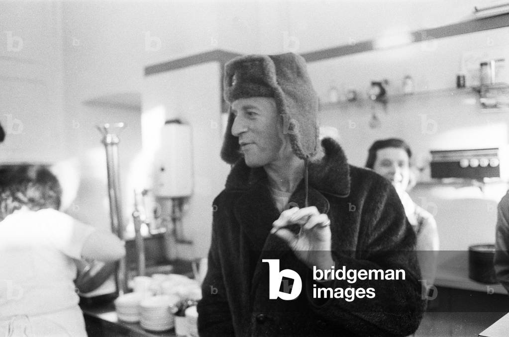 A day in the life of Jimmy Saville' Feature by Mike Hellicar. Here he is pictured in a railway cafe, which he uses for meals and as an office, 7th October 1971 (b/w photo)