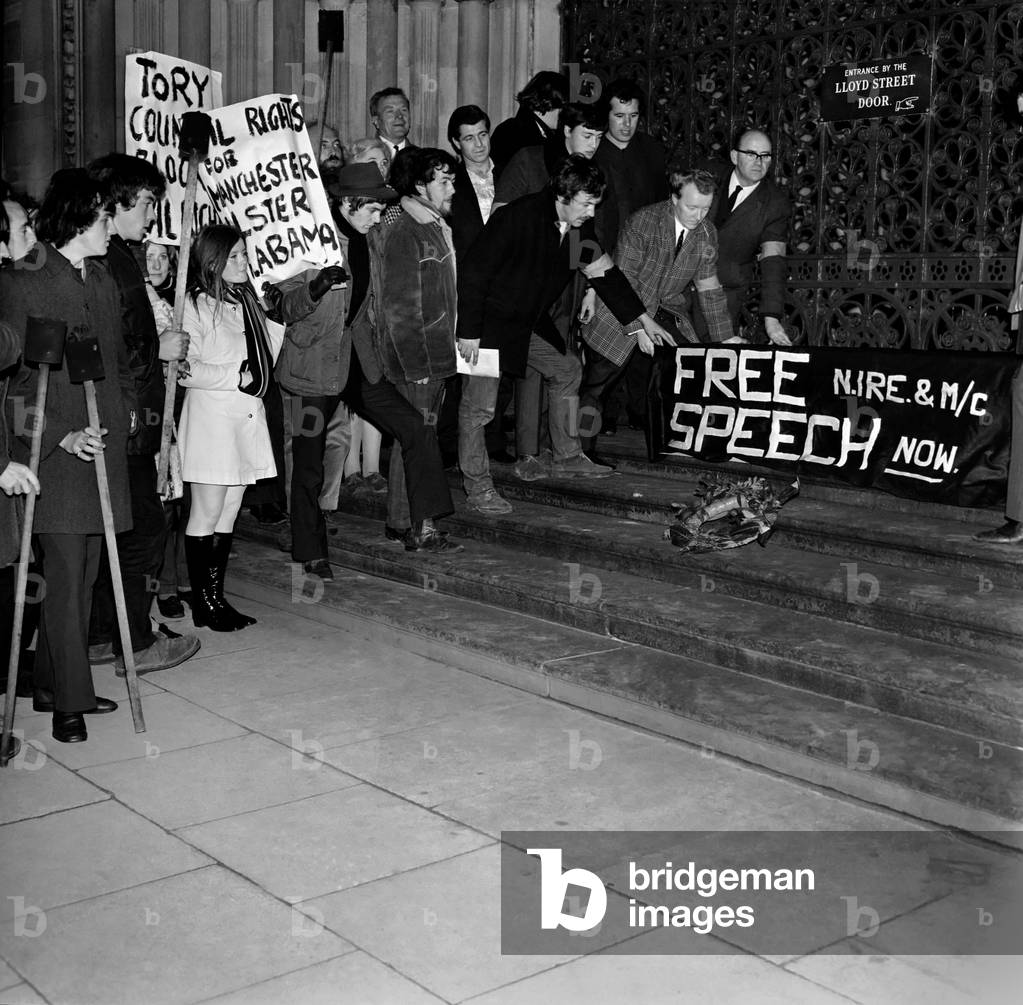 Irish Free Speech march. The Coffin and wreath being laid on the steps of Manchester Town Hall. November 1969
