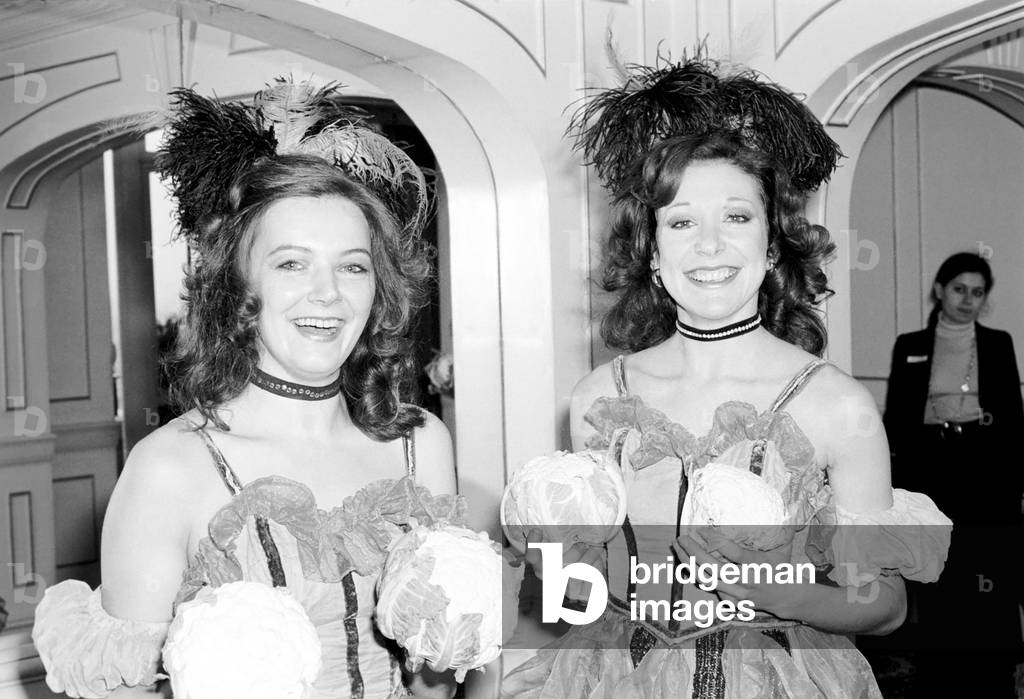 Can-Can Dancers: Table Decorations: Due to the Mild winter we are enjoying new Cauliflower from Brittany is reaching this country 5 weeks early. Four Can-Can dancers Biba Brookman, Diana Regal, Robbie Hart and Nicky Billiyard introduced the delicious vegetable is a spirited Can Can which they call the Cauli Can Can. January 1975