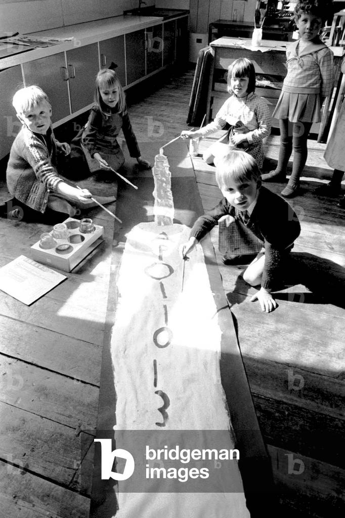 Youngsters enjoy a painting class at Seaton Delaval First School, Tyne and Wear, 14th April 1970 (b/w photo)