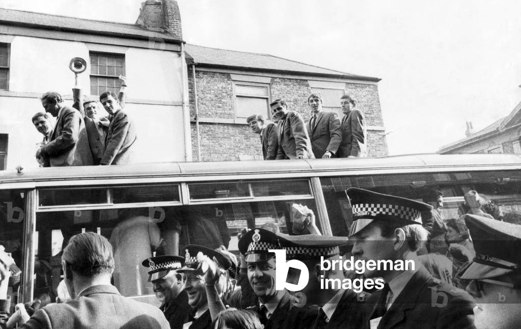North Shields footballers victory parade while on their way to a civic reception, after winning the FA Amateur Cup. 13th April 1969 (photo)