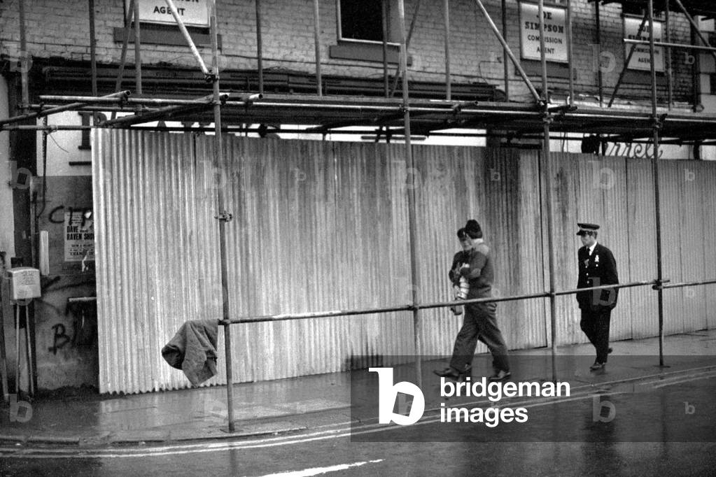 The scene at a demolition site on Friar Steet, near Newgate Street, Newcastle where a workman from demolition contractors G Blackett and Sons found 36 sticks of gelignite and detonators stuffed in a plastic bag, 6th January 1972(b/w photo)