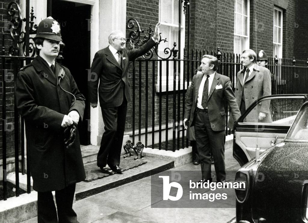 Prime Minister James Callaghan leaves Downing Street to see the Queen during the 1979 General Election campaign, 1979 (b/w photo)