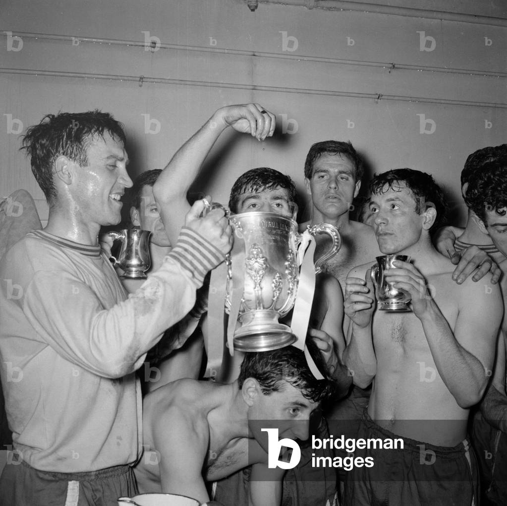League Cup Final 1965. Leicester City v. Chelsea. Chelsea players celebrate in the dressing room after the game. April 5th 1965 (photo)
