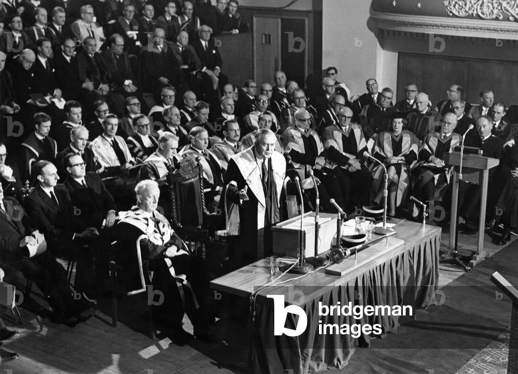 Prime Minister Harold Wilson pictured during his speech after being installed as Chancellor of Bradford University. November 1966