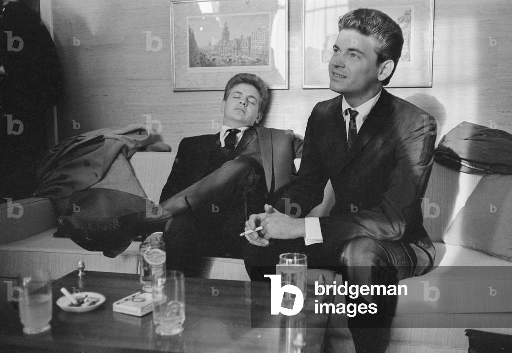 Phil (left) and Don Everly, American singing duo The Everly Brothers, pictured in their suite at the Hilton Hotel in London. 13th September 1963 (b/w photo)