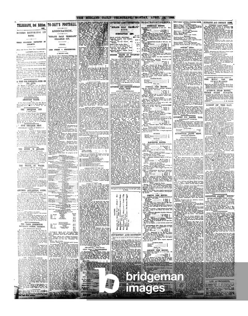 Midland Daily Telegraph Newspaper Published Page 3, Monday 16th April 1900. Wolves 0 - 1 Aston Villa and new league champions Season 1899 - 1900.