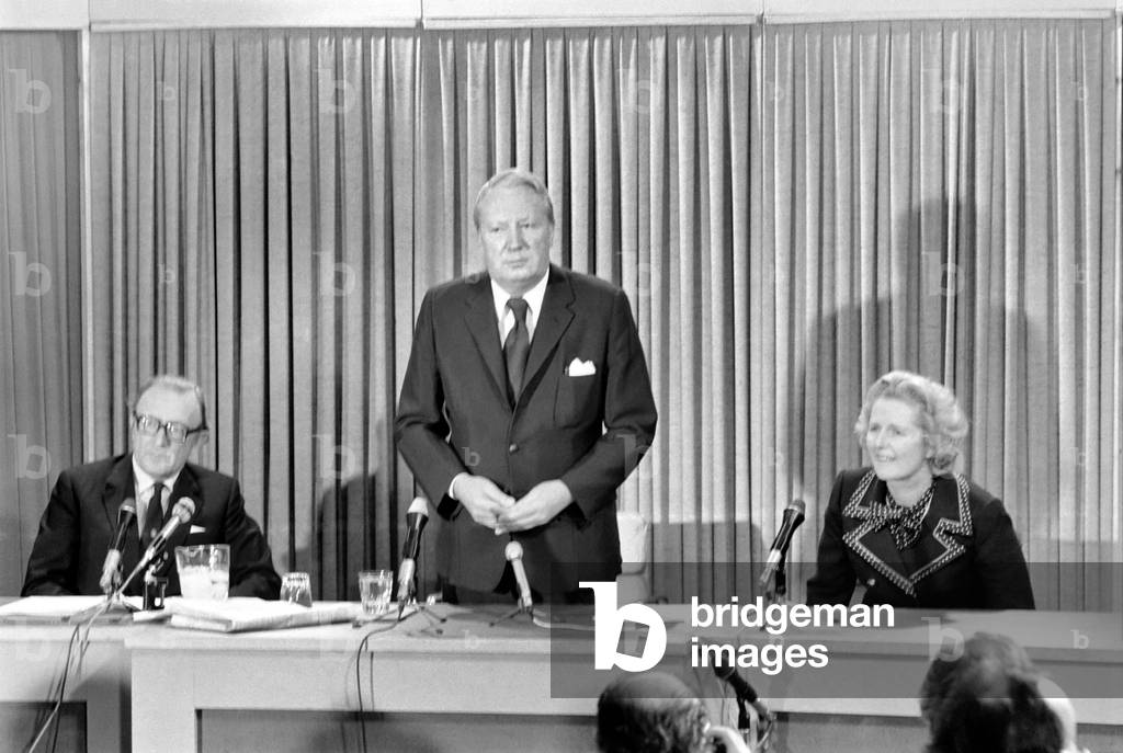 General Election 1974: Edward Heath seen here at a press conference at Tory H.Q. with Peter Carrington and Margaret Thatcher. February 1974