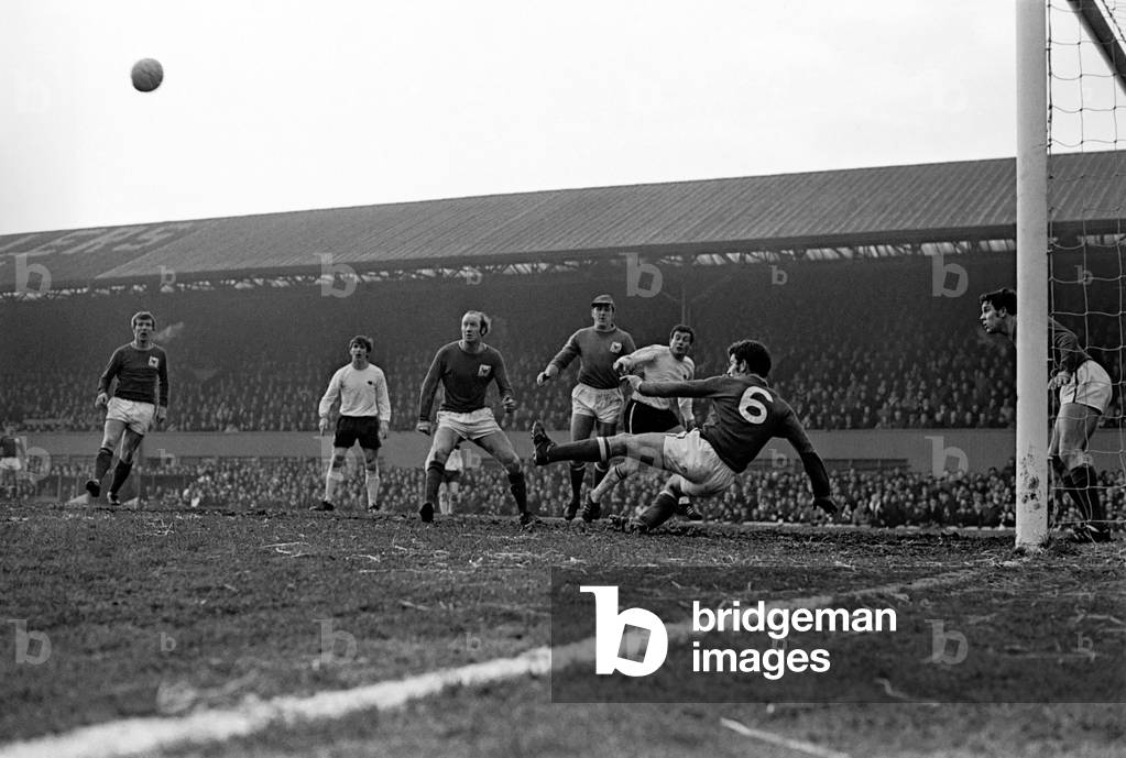 Division One Football 1969 70 Season Derby County v Nottingham Forest. Henry Newton clears after Derby's attack with the Forest goalkeeper out of position. November 1969 (photo)