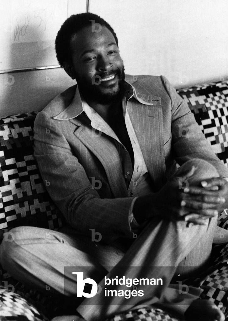 Marvin Gaye, singer, poses for a portrait during his first ever visit to London. Pictured at the Carlton Towers Hotel, London, 27th September 1976 (b/w photo)
